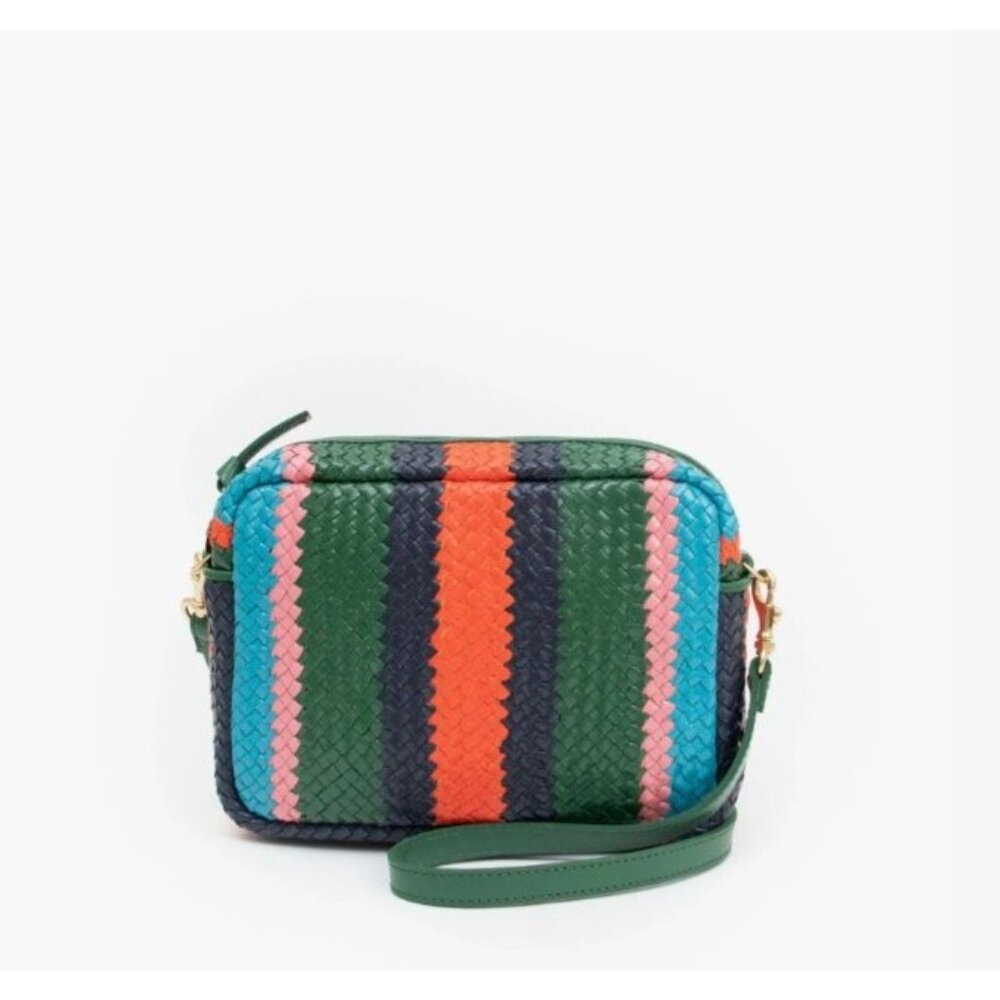 Clare V Striped Woven Crossbody in Green, Navy, Coral & Pink